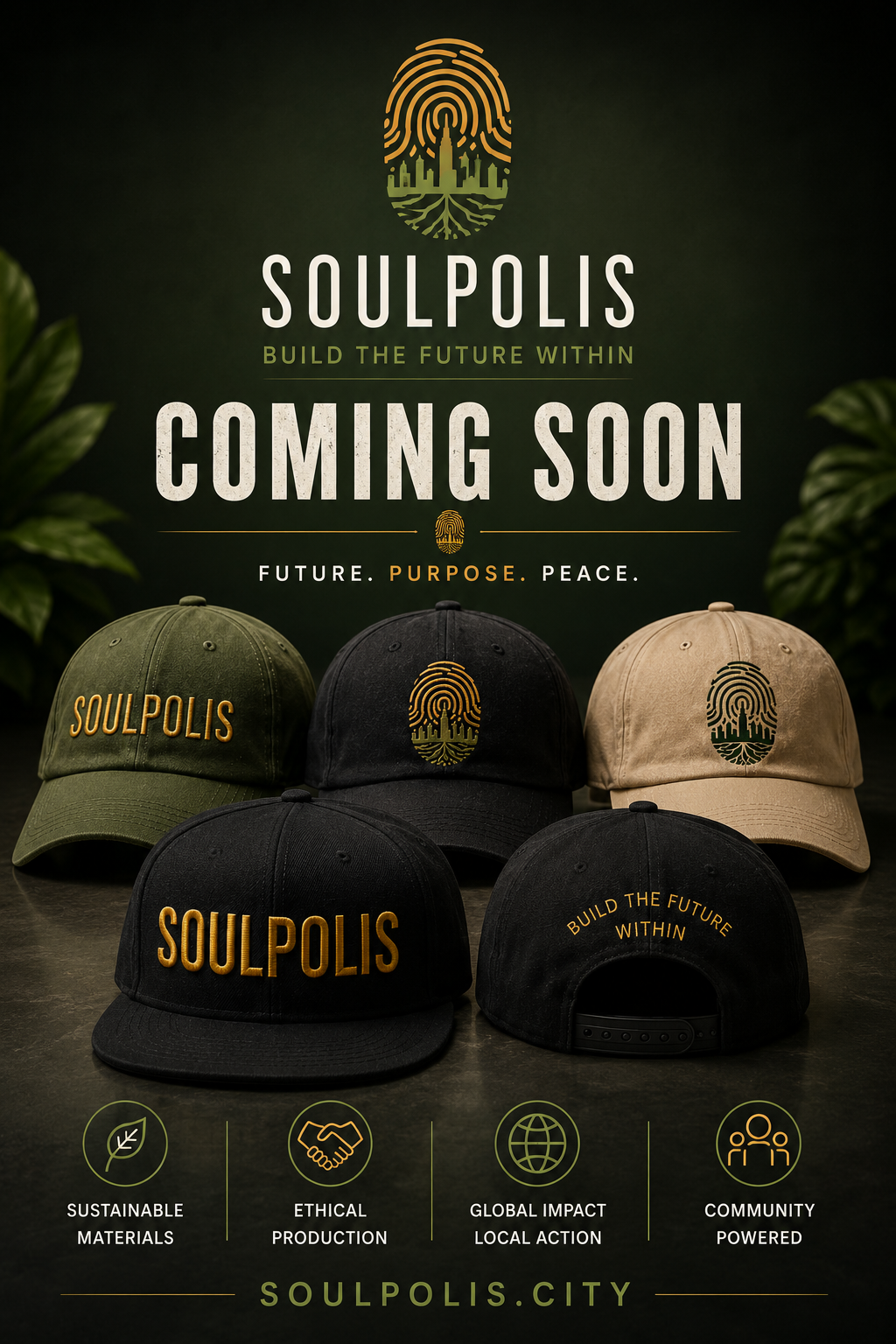 SoulPolis Apparel — Coming Soon. Sustainable materials, ethical production, global impact, community powered.